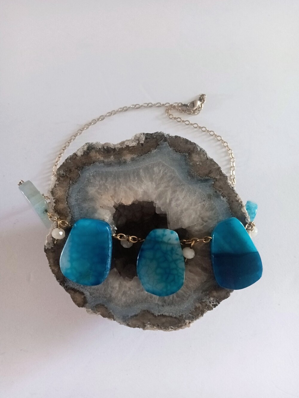 Sea Glass Necklace Shades Of Blue With White Beads Gold-Tone Chain